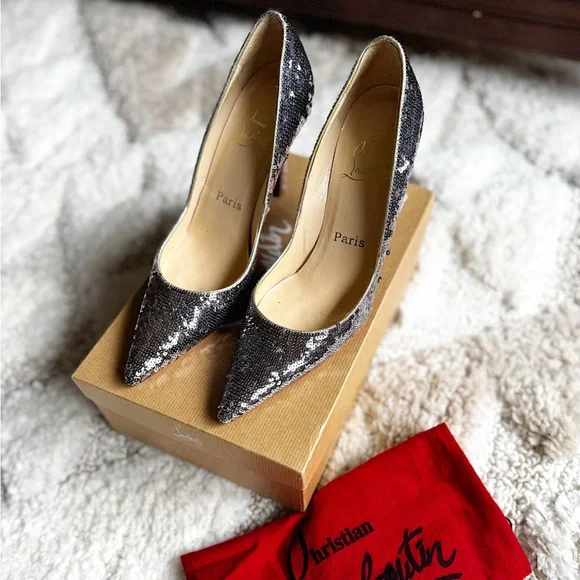 Christian louboutin sequin DECOLTISSIMO 100 SILVER PAILLETTES pointed toe heel - Picture 13 of 14